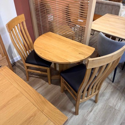 Showroom Clearance: Lynton Oak Round Drop Leaf Dining Table & 2x Slat Back Dining Chairs Showroom Clearance: Lynton Oak Round Drop Leaf Dining Table & 2x Slat Back Dining Chairs