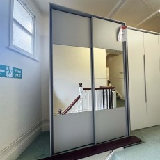 Showroom Clearance: Fitted 2 Door 146cm Wardrobe in Grey with Mirror Panels Showroom Clearance: Fitted 2 Door 146cm Wardrobe in Grey with Mirror Panels