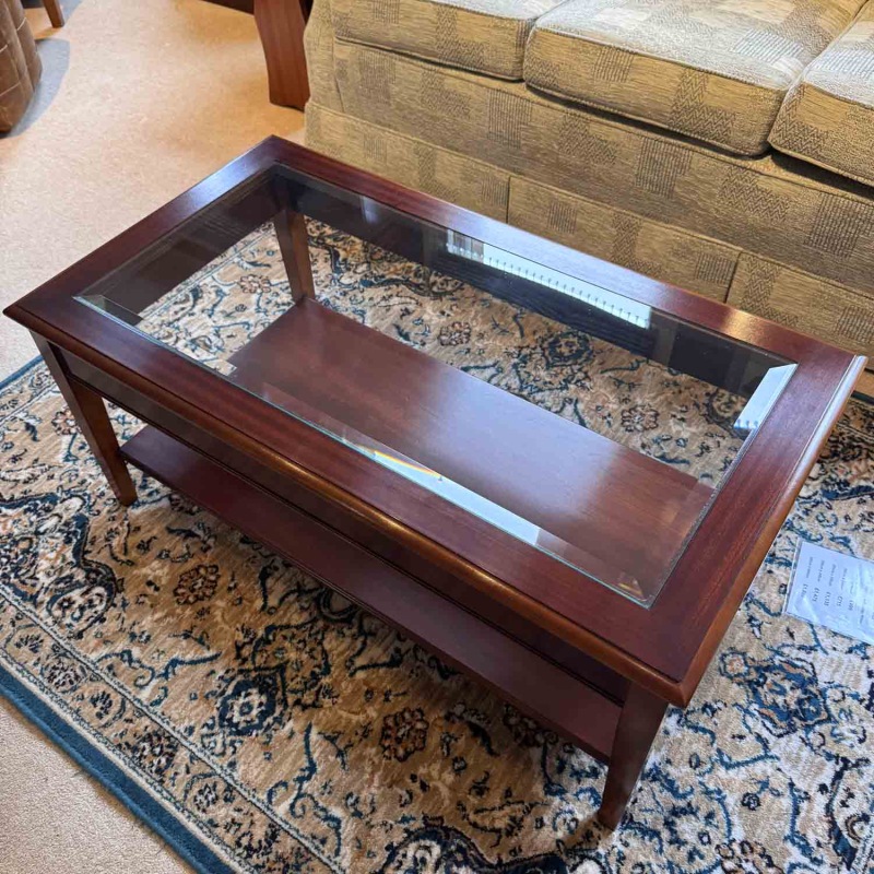Showroom Clearance: Bradley Mahogany 875 Coffee Table with Glass Top Showroom Clearance: Bradley Mahogany 875 Coffee Table with Glass Top