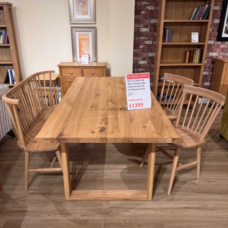 Showroom Clearance: Florence Solid Oak 180cm Dining Table, Chilgrove Bench & 2x Dining Chairs Showroom Clearance: Florence Solid Oak 180cm Dining Table, Chilgrove Bench & 2x Dining Chairs