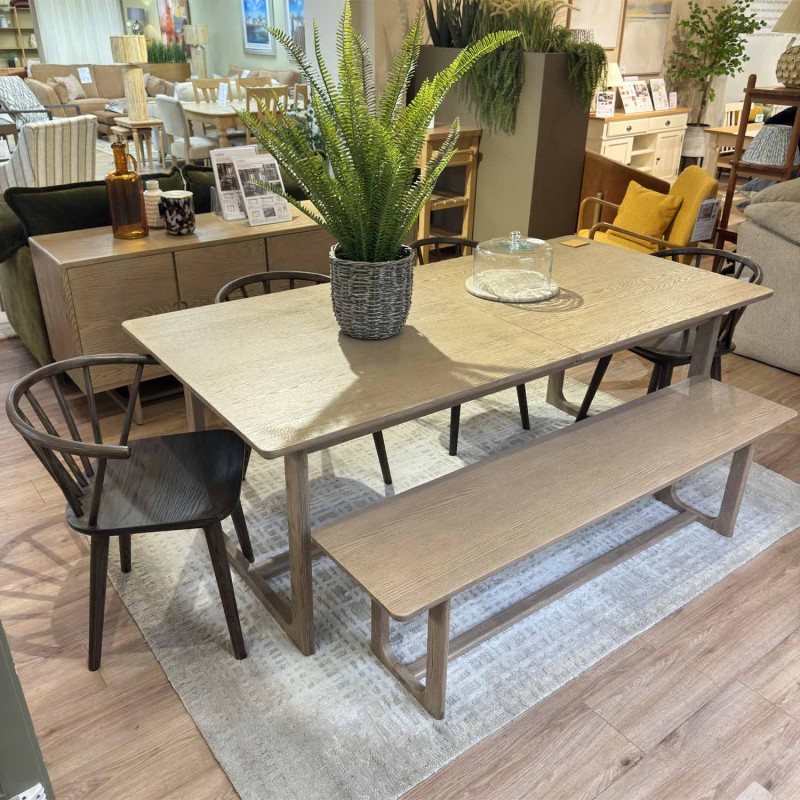 Showroom Clearance: Cadoc Smoked Oak Extending Dining Table, 4x Dining Chairs & Dining Bench Showroom Clearance: Cadoc Smoked Oak Extending Dining Table, 4x Dining Chairs & Dining Bench