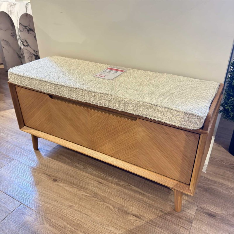 Showroom Clearance: Chisholm Oak Storage Bench with Cushion Showroom Clearance: Chisholm Oak Storage Bench with Cushion