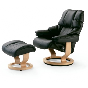 Stressless Reno Chair & Stool with Classic Base in Paloma Black leather