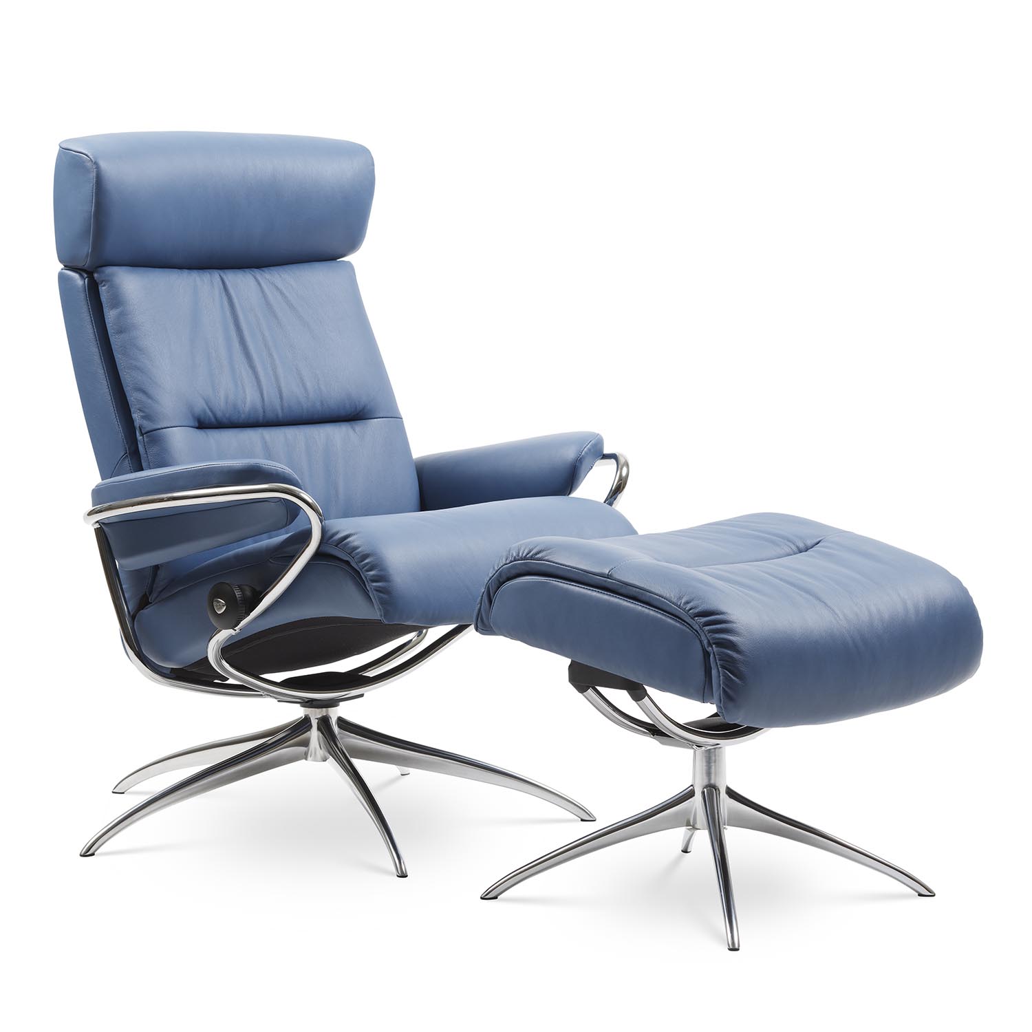 Stressless Tokyo with Adjustable Headrest Chair & Stool in Batick Lazuli Blue leather