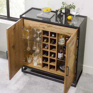 Ravi Rustic Oak Drinks Cabinet open